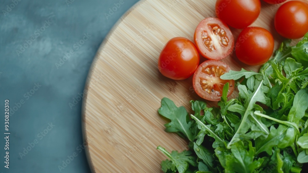 A wooden cutting board with a variety of vegetables including tomatoes A wooden cutting board with a variety of vegetables including tomatoes