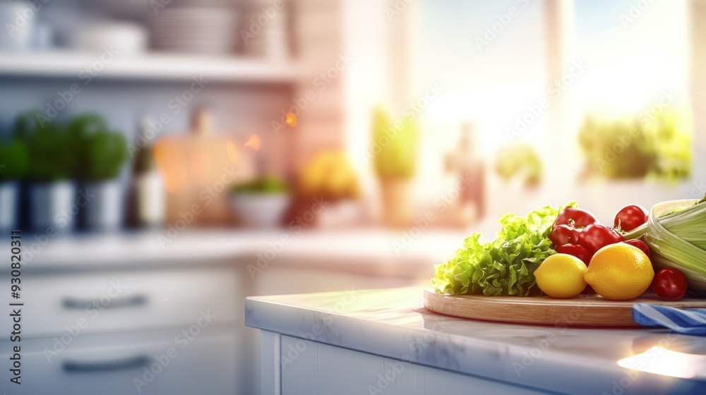 A kitchen counter with a wooden cutting board and a variety of fruits A kitchen counter with a wooden cutting board and a variety of fruits