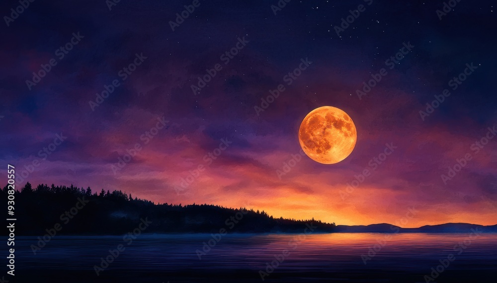 A stunning view of a full moon over a tranquil lake, framed by silhouettes of trees against a vibrant, colorful sunset sky. A stunning view of a full moon over a tranquil lake, framed by silhouettes of trees against a vibrant, colorful sunset sky.