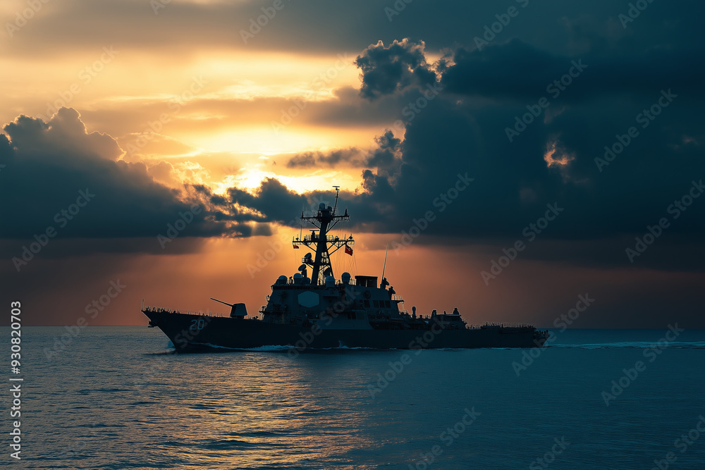 Silhouetted Navy destroyer sails across the ocean at sunset. Silhouetted Navy destroyer sails across the ocean at sunset.