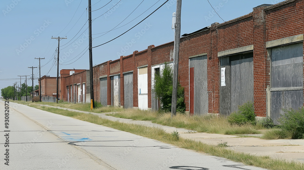 A row of abandoned brick buildings with boarded-up windows and doors. A row of abandoned brick buildings with boarded-up windows and doors.