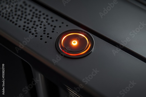 Close-up of a glowing red button on a black surface with a pattern of small holes. photo