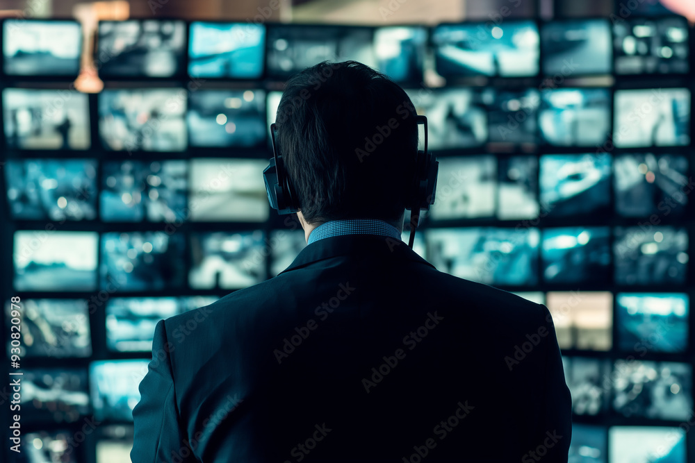 Security guard monitoring surveillance screens. Security guard monitoring surveillance screens.