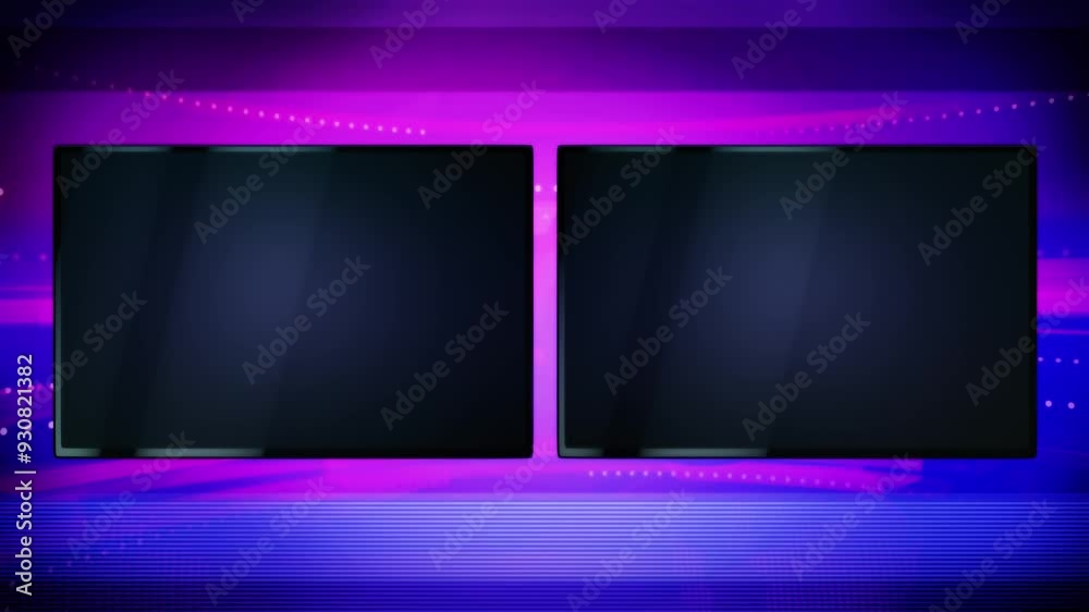 TV news background graphics panel, with two monitors and copy space for titles. A 3D render backdrop video loop, ideal for broadcasting reports, or live talk show meetings