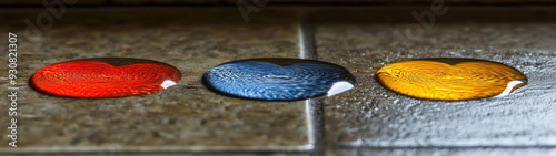 Three water droplets in red, blue, and yellow glisten on a grey tile surface