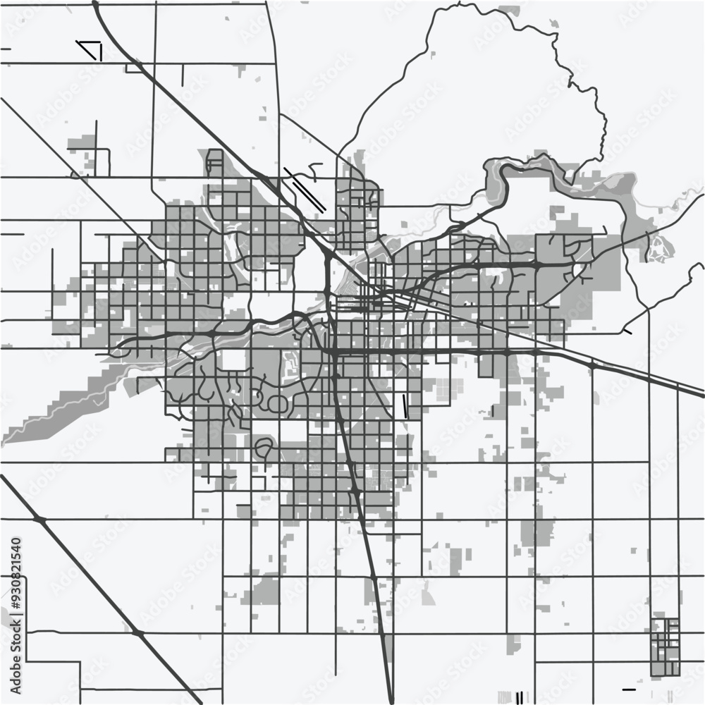 Fototapeta premium Map of Bakersfield in California in grayscale. Contains layered vector with roads water, parks, etc.