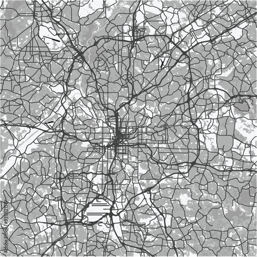 Map of Atlanta in Georgia in grayscale. Contains layered vector with roads water, parks, etc.