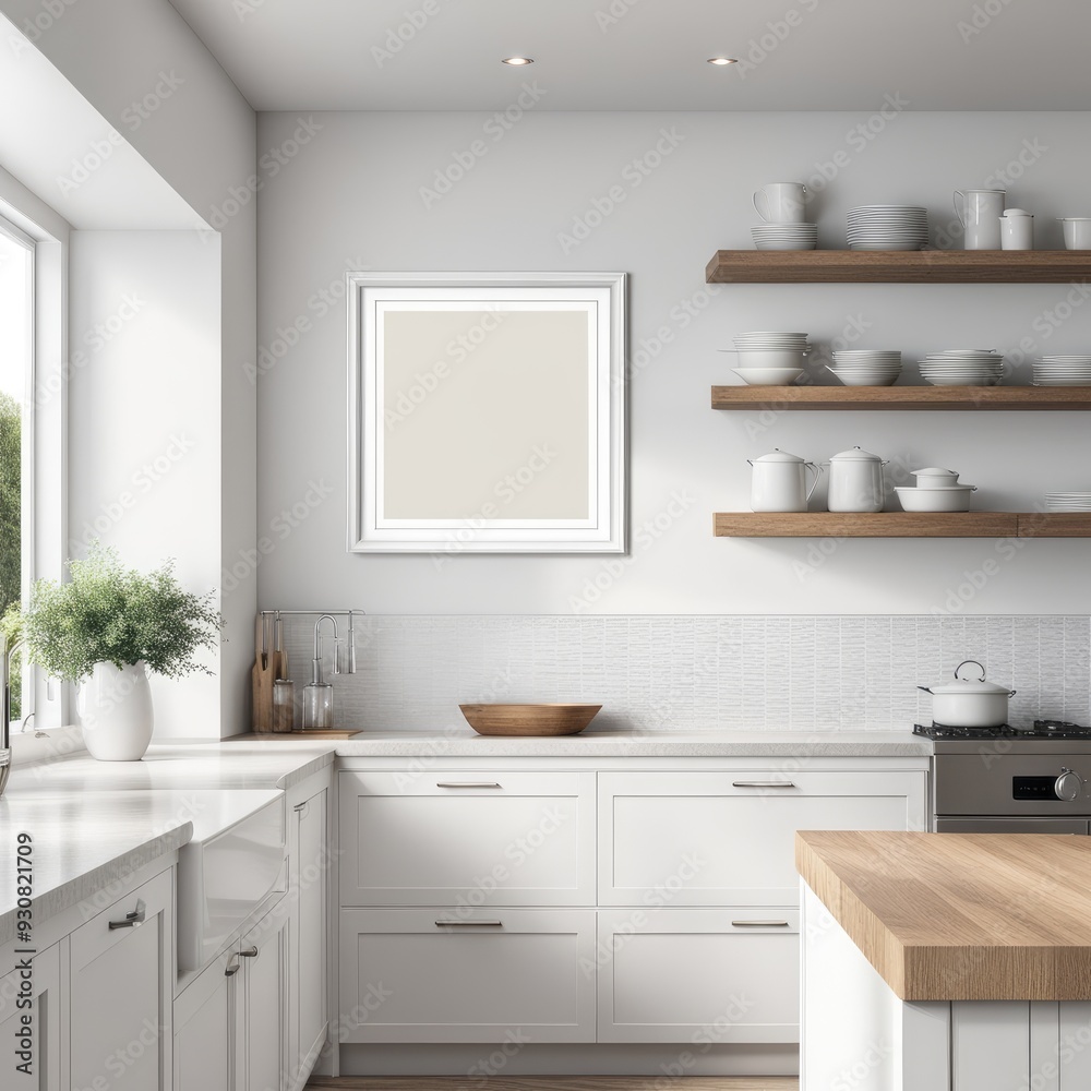interior Artificial white frame in farmhouse kitchen, 3d rendered white frame mockup interior Artificial white frame in farmhouse kitchen, 3d rendered white frame mockup