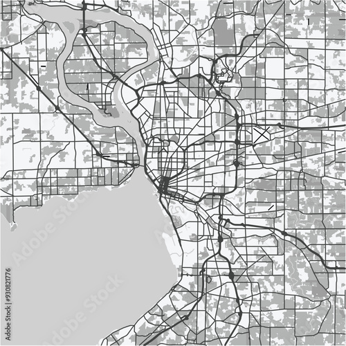 Map of Buffalo in New York in grayscale. Contains layered vector with roads water, parks, etc.