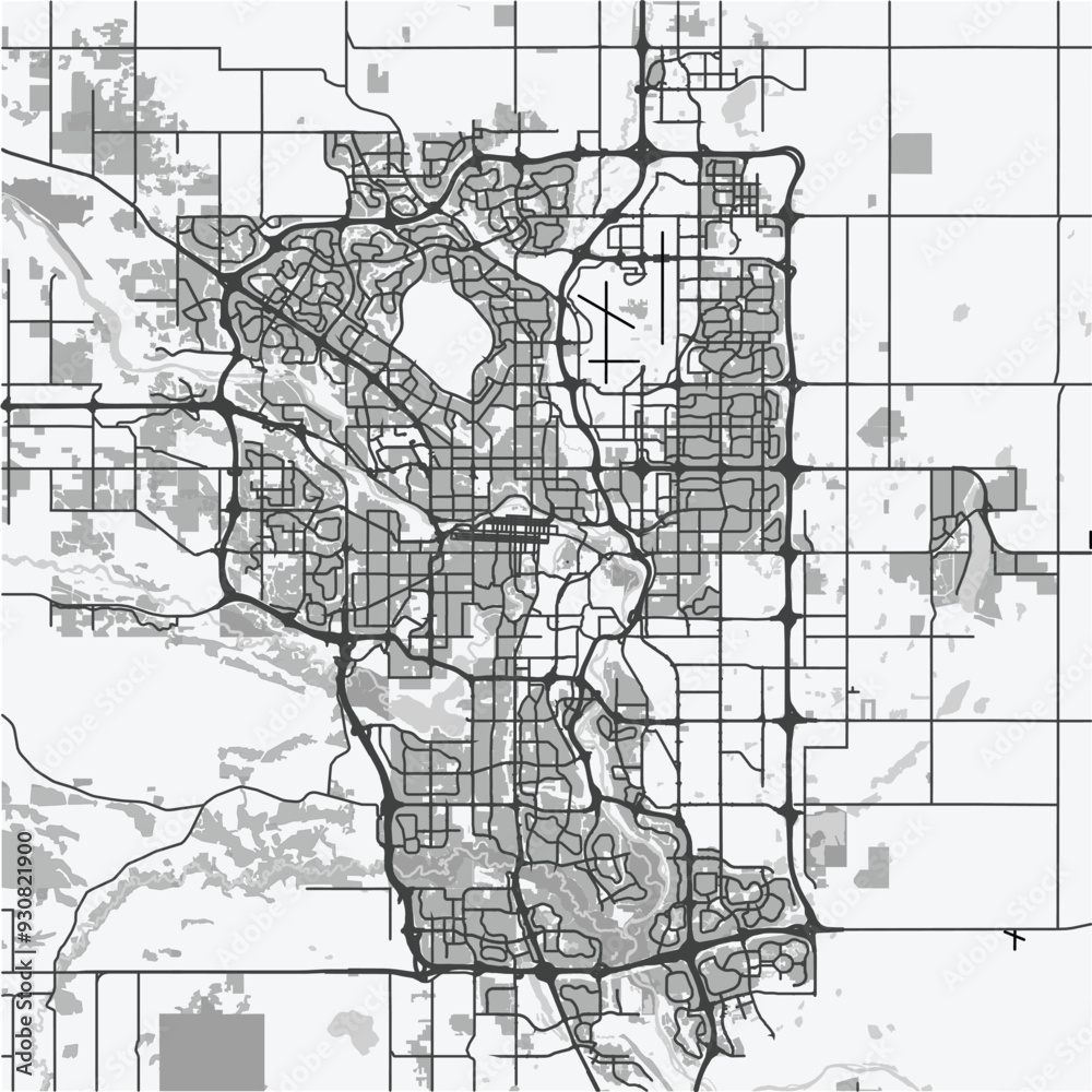 Naklejka premium Map of Calgary in Canada in grayscale. Contains layered vector with roads water, parks, etc.
