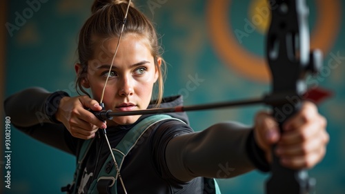 A woman is holding a bow and arrow and is about to shoot it