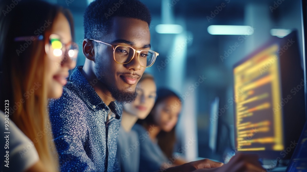 A group of people are working on a computer, with one man wearing glasses A group of people are working on a computer, with one man wearing glasses