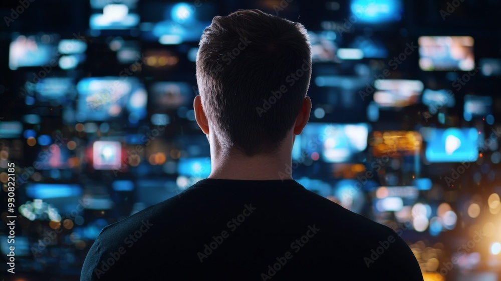 A man is looking at a screen with many different images on it A man is looking at a screen with many different images on it
