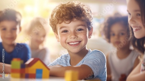 A boy is smiling and sitting in front of a toy house