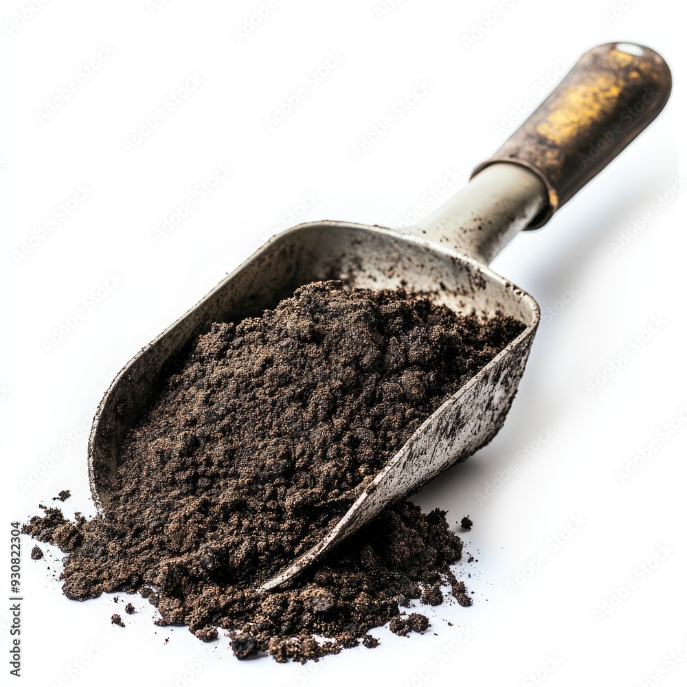 Close-up of a Metal Scoop Filled with Rich Dark Soil Against a White Background Close-up of a Metal Scoop Filled with Rich Dark Soil Against a White Background