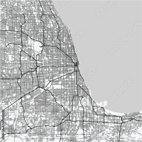 Map of Chicago in Illinois in grayscale. Contains layered vector with roads water, parks, etc.