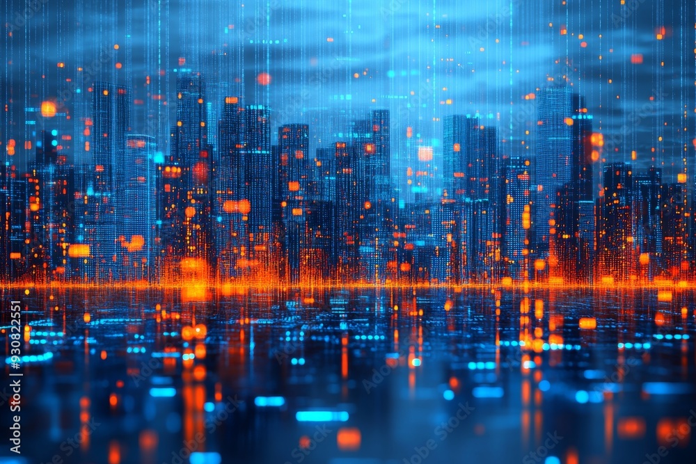 Fototapeta premium Futuristic cityscape with glowing skyscrapers reflecting in a calm water surface representing the vibrant energy and modernity of urban life in a technologically advanced society