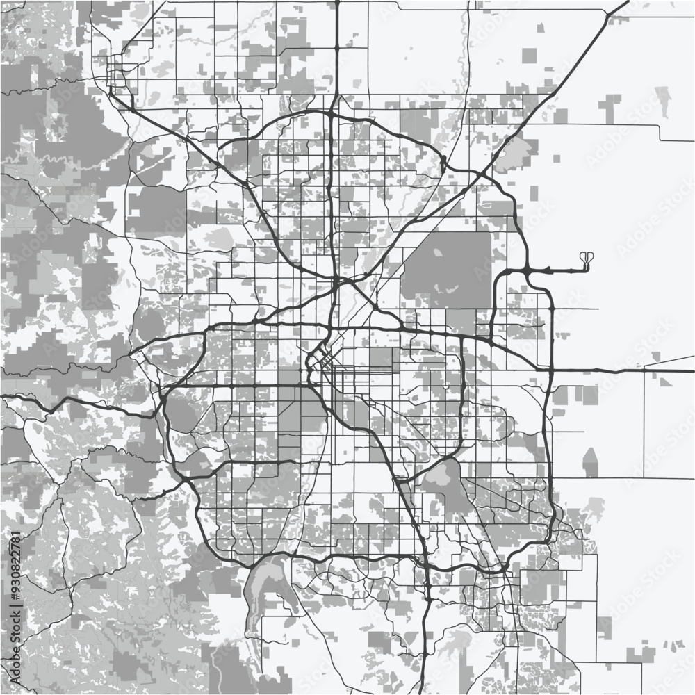 Fototapeta premium Map of Denver in Colorado in grayscale. Contains layered vector with roads water, parks, etc.
