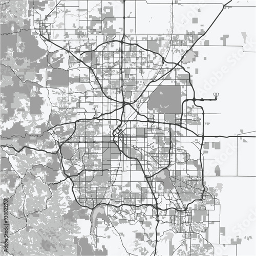 Map of Denver in Colorado in grayscale. Contains layered vector with roads water, parks, etc.
