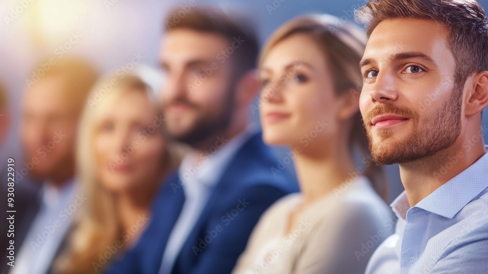 A group of people are sitting in a row, with one man smiling at the camera A group of people are sitting in a row, with one man smiling at the camera