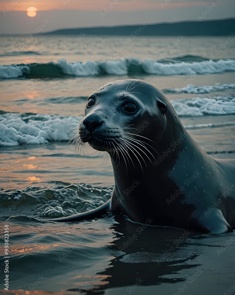 Obraz premium Retrato foca nadando en el mar con una puesta de sol de fondo
