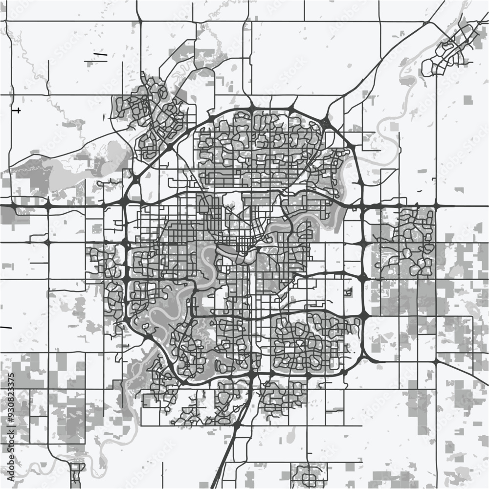 Fototapeta premium Map of Edmonton in Canada in grayscale. Contains layered vector with roads water, parks, etc.