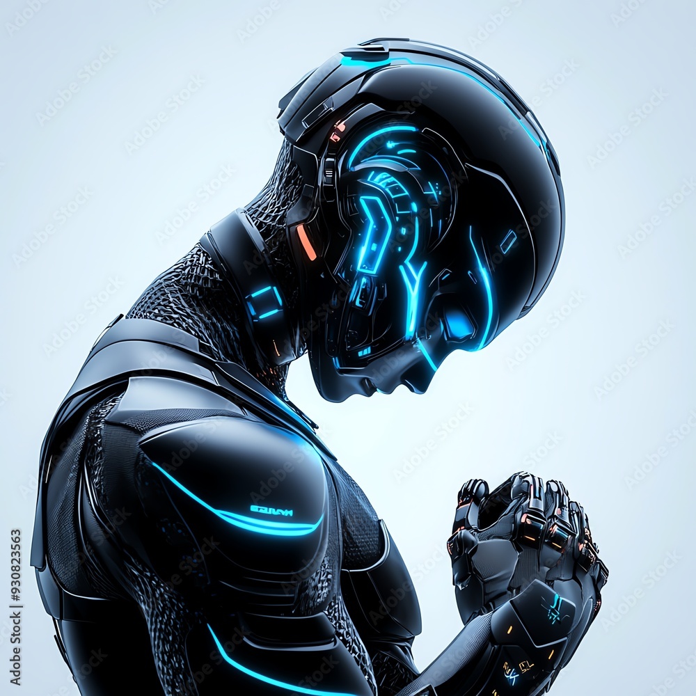 A futuristic robot with glowing blue lights stands with its head bowed, hands clasped in prayer. A futuristic robot with glowing blue lights stands with its head bowed, hands clasped in prayer.