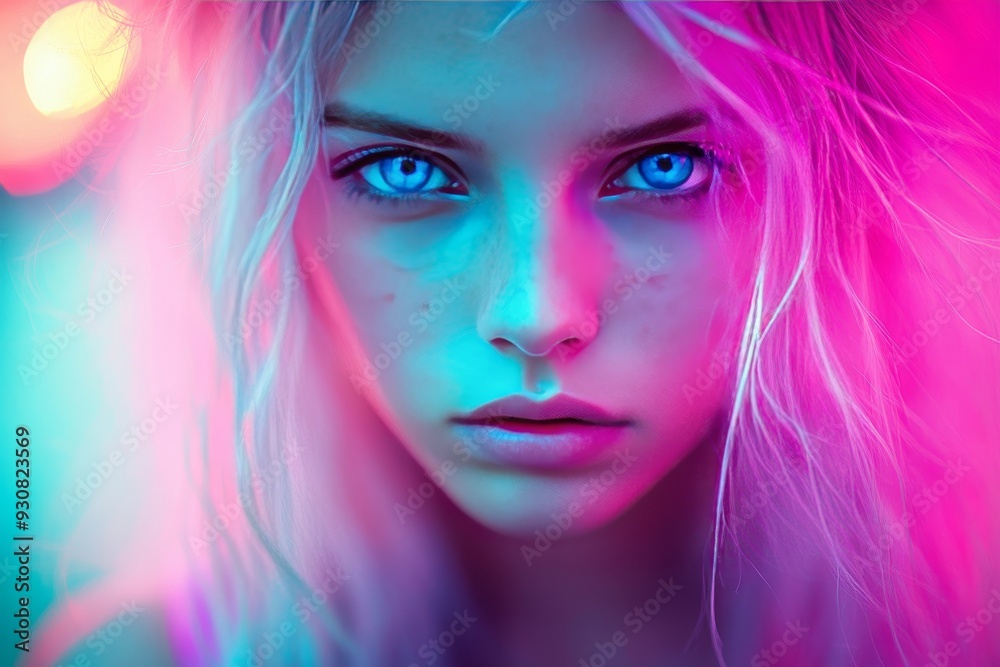 Vibrant portrait of a young woman with neon colored makeup set against a dark background exuding a sense of boldness modernity and self expression in a contemporary setting Vibrant portrait of a young woman with neon colored makeup set against a dark background exuding a sense of boldness modernity and self expression in a contemporary setting