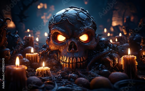 A dark, eerie scene featuring a glowing skull surrounded by candles and ominous decor.