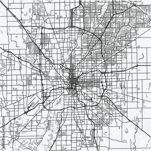Map of Indianapolis in Indiana in grayscale. Contains layered vector with roads water, parks, etc.