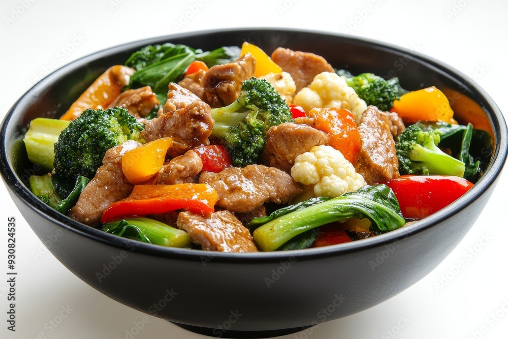 Chinese stir fry pork with broccoli, bok choy, carrots, peppers, cauliflower, in black bowl, isolated on white background Chinese stir fry pork with broccoli, bok choy, carrots, peppers, cauliflower, in black bowl, isolated on white background