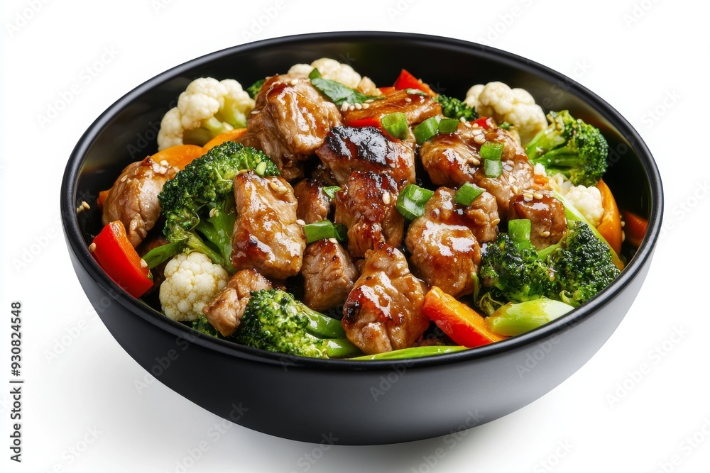 Chinese stir fry pork with broccoli, bok choy, carrots, peppers, cauliflower, in black bowl, isolated on white background Chinese stir fry pork with broccoli, bok choy, carrots, peppers, cauliflower, in black bowl, isolated on white background