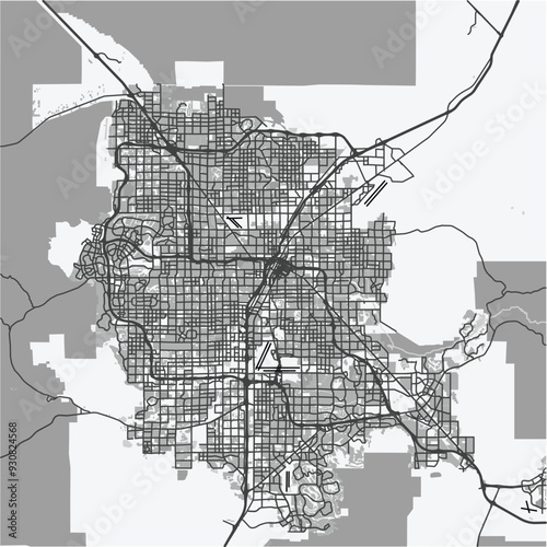 Map of Las Vegas in Nevada in grayscale. Contains layered vector with roads water, parks, etc.