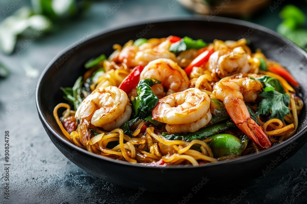 Indonesian cuisine prawn noodles and vegetables stir fried dish in black bowl Indonesian cuisine prawn noodles and vegetables stir fried dish in black bowl