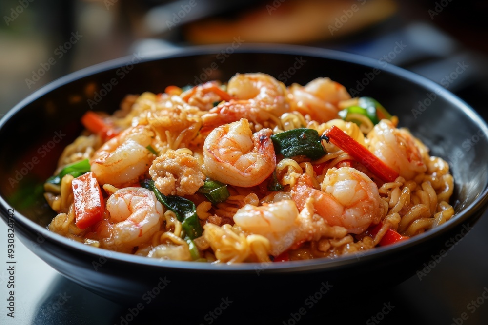 Indonesian cuisine prawn noodles and vegetables stir fried dish in black bowl Indonesian cuisine prawn noodles and vegetables stir fried dish in black bowl