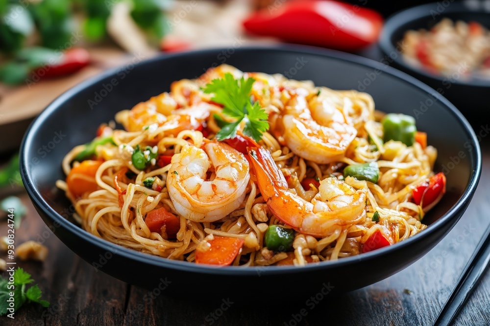 Indonesian cuisine prawn noodles and vegetables stir fried dish in black bowl Indonesian cuisine prawn noodles and vegetables stir fried dish in black bowl