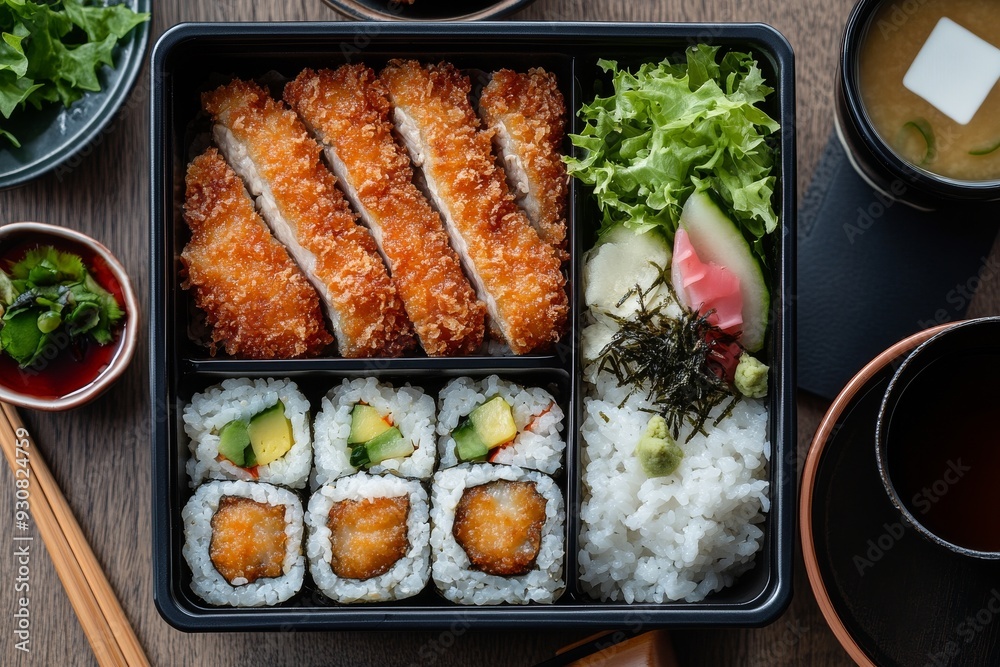 Japanese Combination Bento Box with Cutlet, Sushi, Gyoza, Salad & Steamed Rice, a cup of ocha Japanese Combination Bento Box with Cutlet, Sushi, Gyoza, Salad & Steamed Rice, a cup of ocha