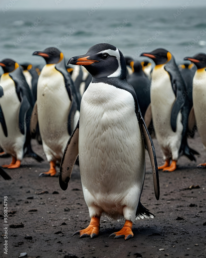 Fototapeta premium Retrato grupo de pingüinos junto al mar