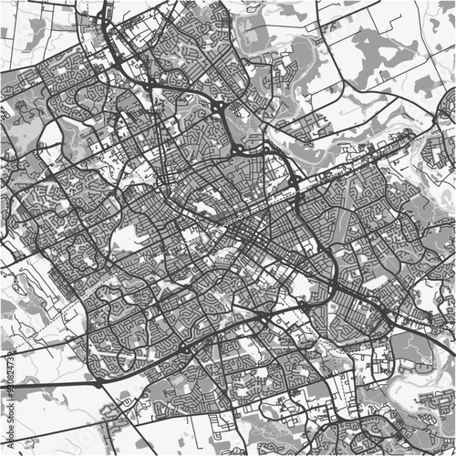 Map of Kitchener in Canada in grayscale. Contains layered vector with roads water, parks, etc.