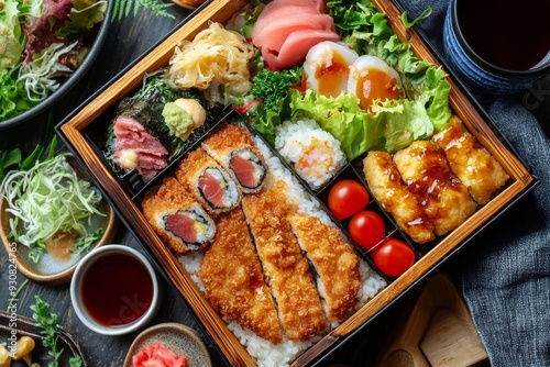 Wallpaper Mural Japanese Combination Bento Box with Cutlet, Sushi, Gyoza, Salad & Steamed Rice, a cup of ocha Torontodigital.ca