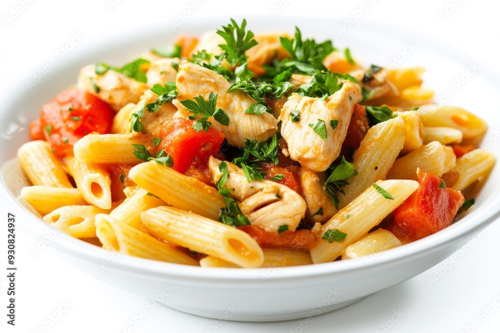 Penne pasta in sauce tomatoes with chicken, tomatoes garnished with parsley, isolated on white background Penne pasta in sauce tomatoes with chicken, tomatoes garnished with parsley, isolated on white background