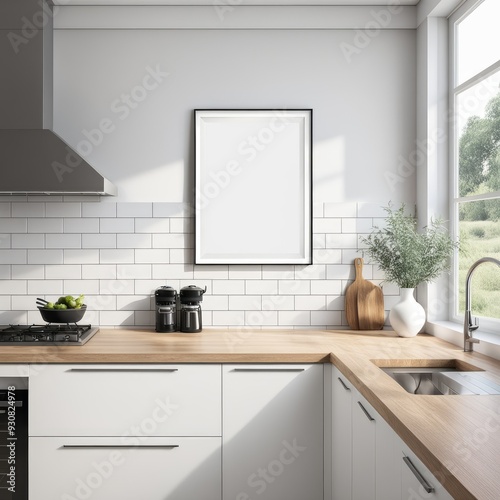 interior Artificial white frame in farmhouse kitchen, 3d rendered white frame mockup