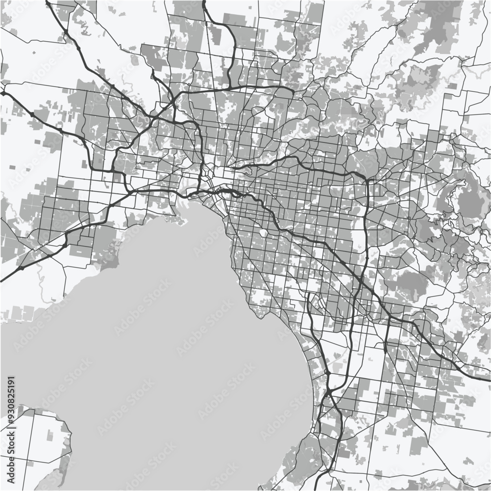 Obraz premium Map of Melbourne in Australia in grayscale. Contains layered vector with roads water, parks, etc.