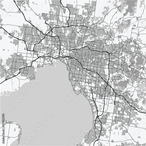 Map of Melbourne in Australia in grayscale. Contains layered vector with roads water, parks, etc.