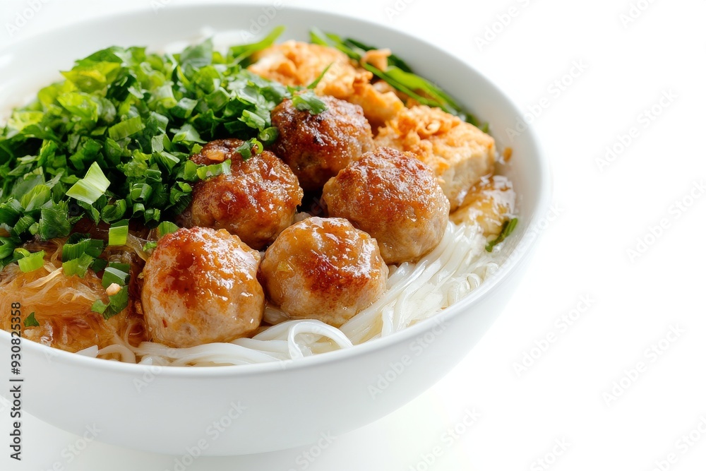 Rice vermicelli noodle and meatball Braised pork and tofu pork in the bowl, isolated on white background Rice vermicelli noodle and meatball Braised pork and tofu pork in the bowl, isolated on white background