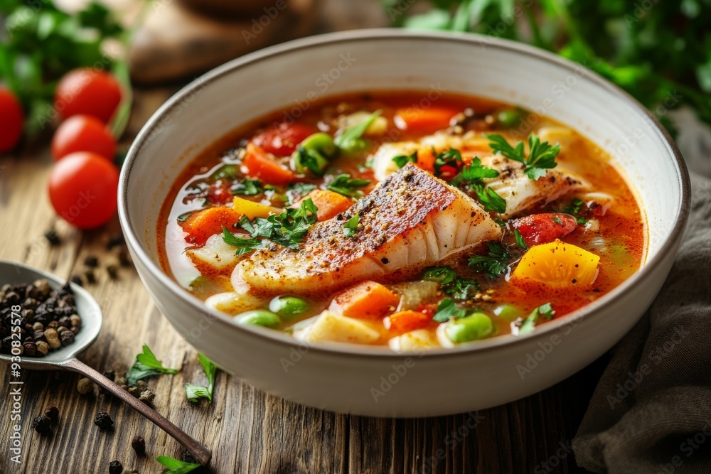Thick hearty Soup with carp steak, vegetables and paprika, in white bowl Thick hearty Soup with carp steak, vegetables and paprika, in white bowl