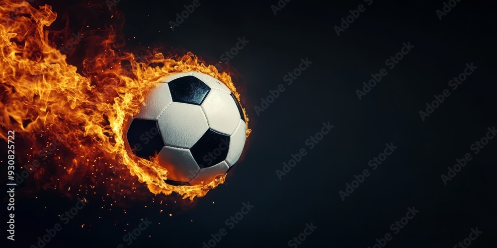 Fototapeta premium A vibrant soccer ball completely engulfed in bright flames, capturing the true essence of speed and energy in sports