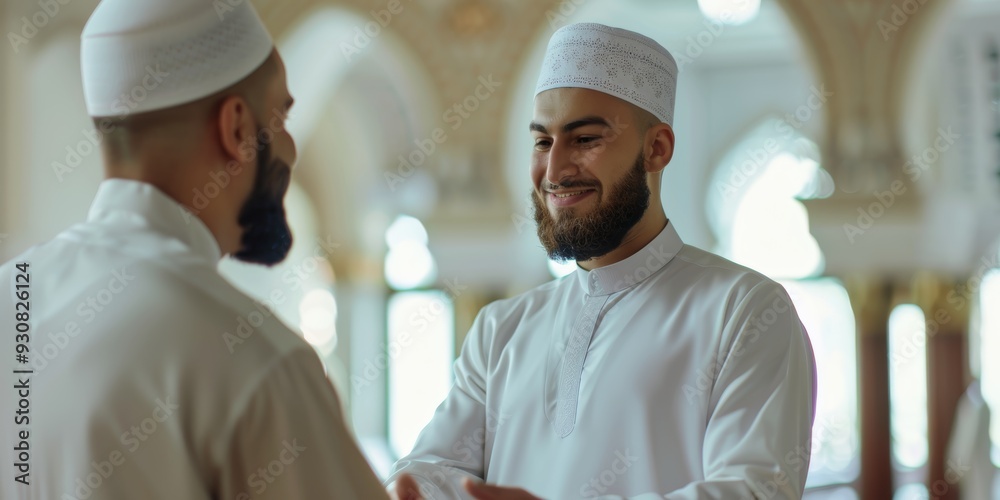 Muslims meet, talk, and respect one other in mosques. Men shaking hands in religious building for Ramadan Kareem, prayer, and solidarity. Muslims meet, talk, and respect one other in mosques. Men shaking hands in religious building for Ramadan Kareem, prayer, and solidarity.