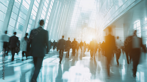 Long exposure shot of crowdy business people walking in fast motion Motion blur shot of people rushing in corridor Long exposure shot of crowd of businesspeople walking, Generative AI

 photo