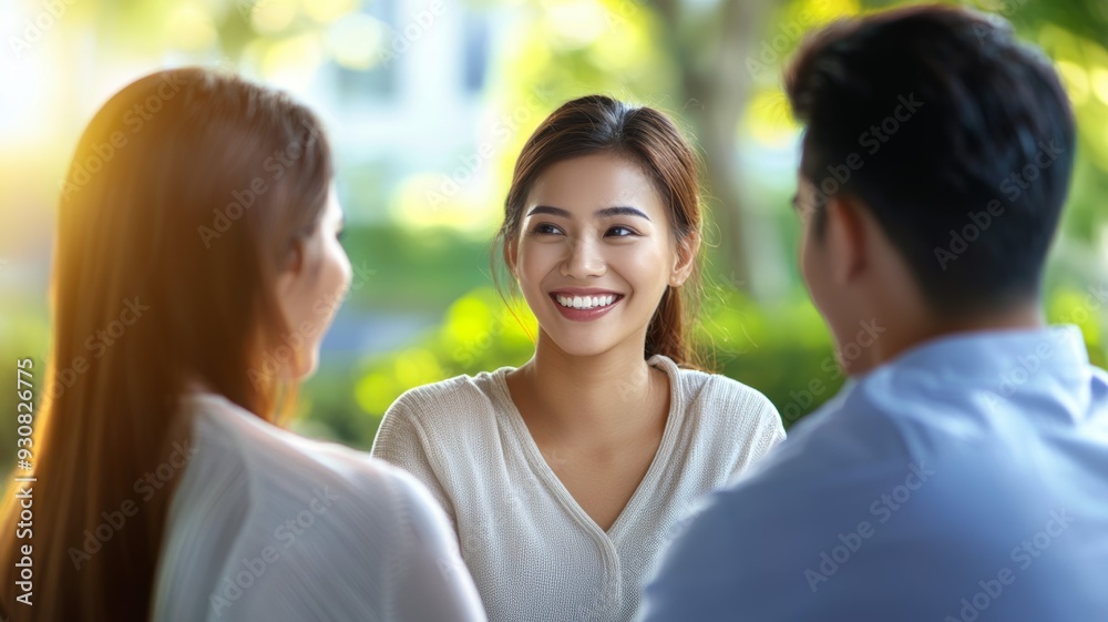 Three people are sitting together in a park, smiling and laughing Three people are sitting together in a park, smiling and laughing